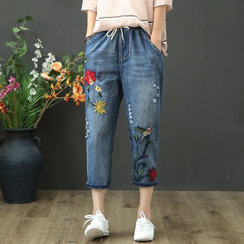 Calça jeans bordada flor feminina, cintura alta, perna larga, calça reta, solta, casual, rua, Harajuku, elegante, tendência