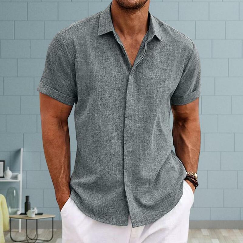 Camisa de lapela de manga curta masculina, confortável, casual, ajuste solto, cor sólida, encaixe de botões, leve, masculina