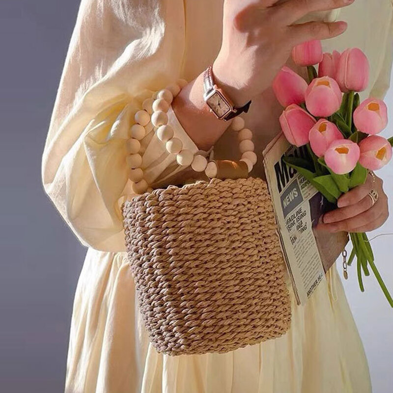 Tas ember pegangan manik-manik Mini tas tangan tali kertas lucu tas pantai Travel untuk wanita kantung jerami tali anyaman Musim Panas cantik