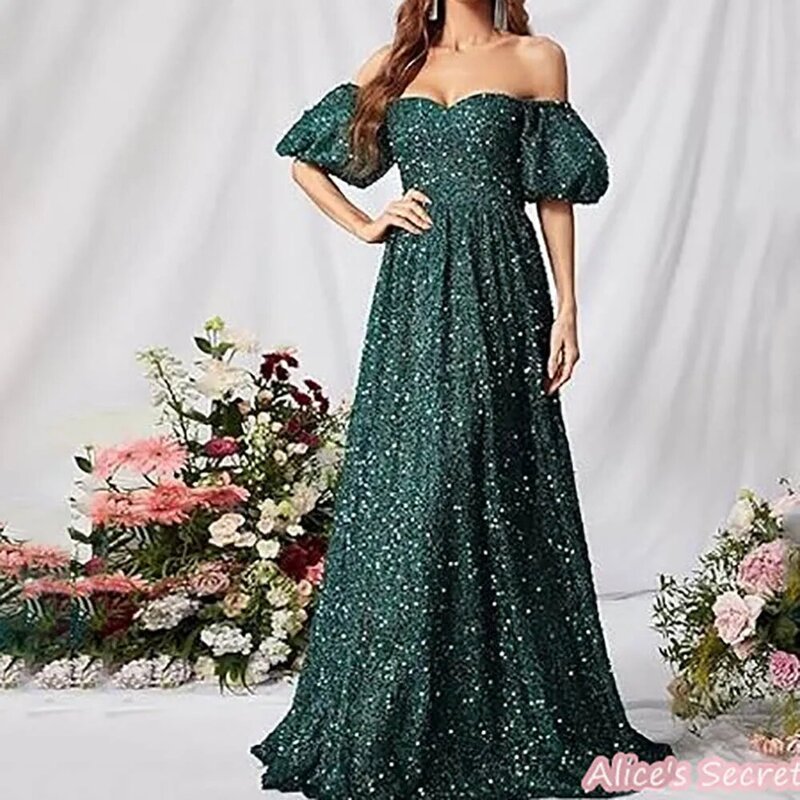 Sexy Evening Prom Dress Tulle A-line Off-Shoulder Short Puff Sleeves Sequins Pleated Zipper Up Floor Length
