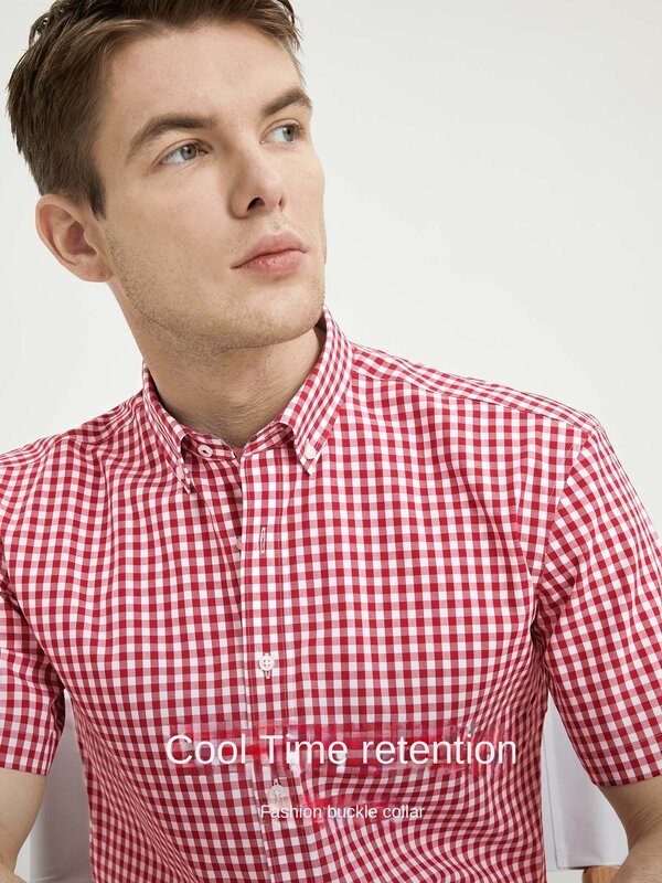 Camisa casual de manga curta masculina, slim fit, 100% algodão, vermelho, azul, xadrez, botão, de negócios, verão