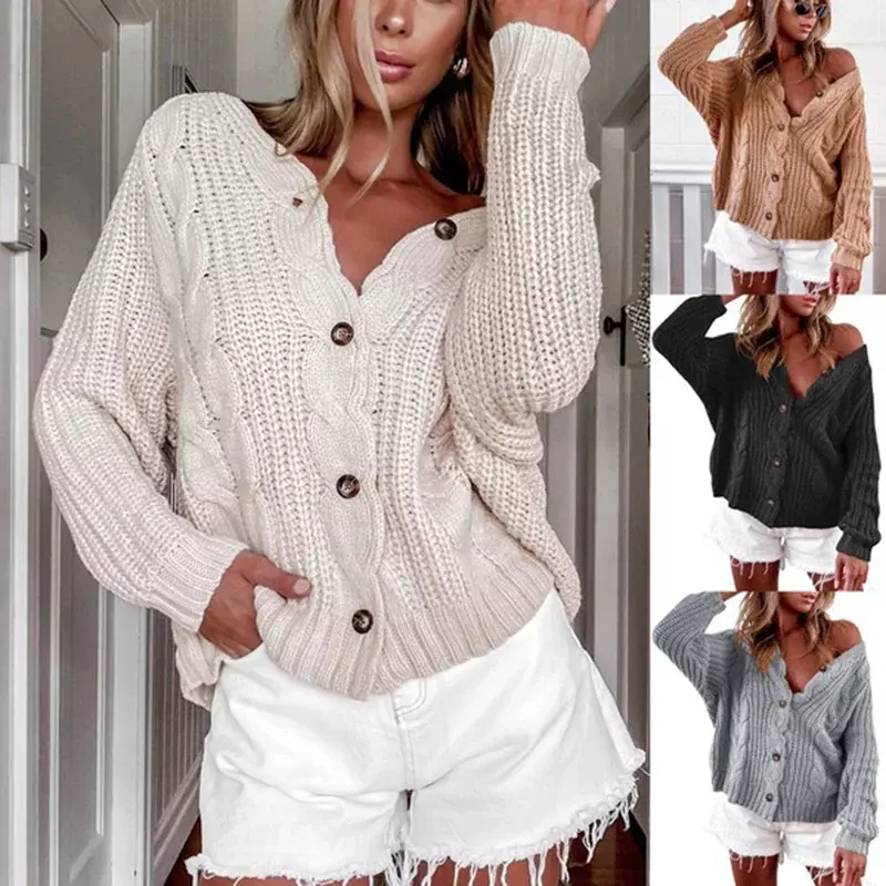 Fall/Winter 2023 Womens Sweater V-neck Long Sleeve Cardigan Casual Solid Color Sweater Woman