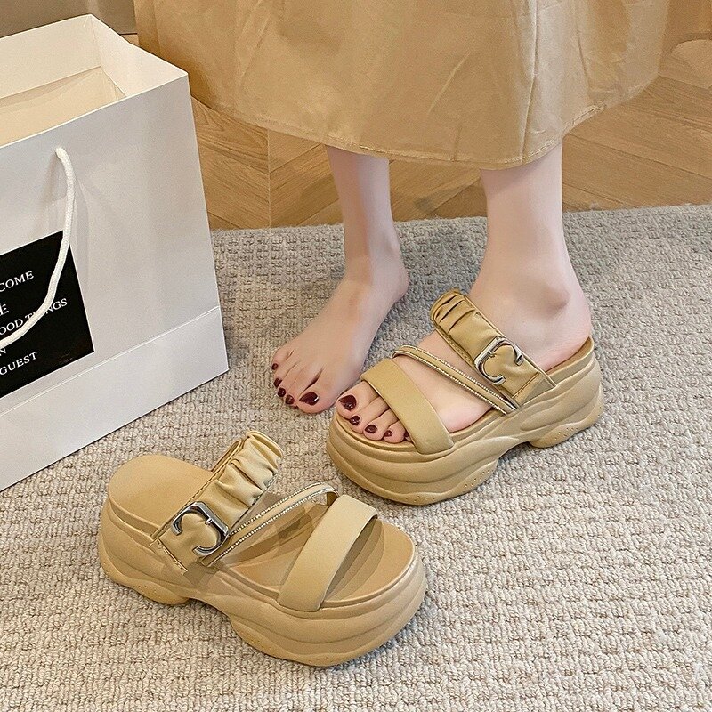 Zapatillas gruesas de 8CM para mujer, sandalias de fondo grueso a la moda, con tacón de cuña ostentoso, chanclas de plataforma alta, Zapatos de playa