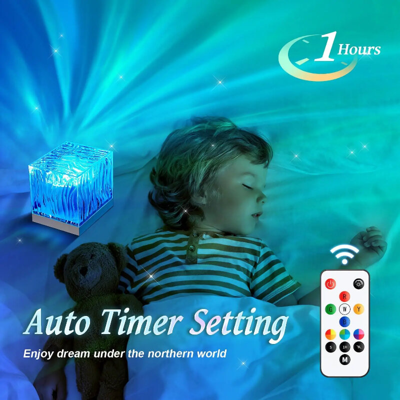 LED Crystal Lamp Aurora Northern Light Projector Night Light Remote & Timer 17 Colors Water Ripple Lamp For Bedroom Sunset Light