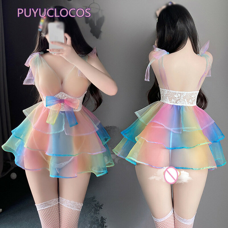 Costume erotico esotico da donna Sexy See-through Princess Layered Rainbow Fantasy Dress