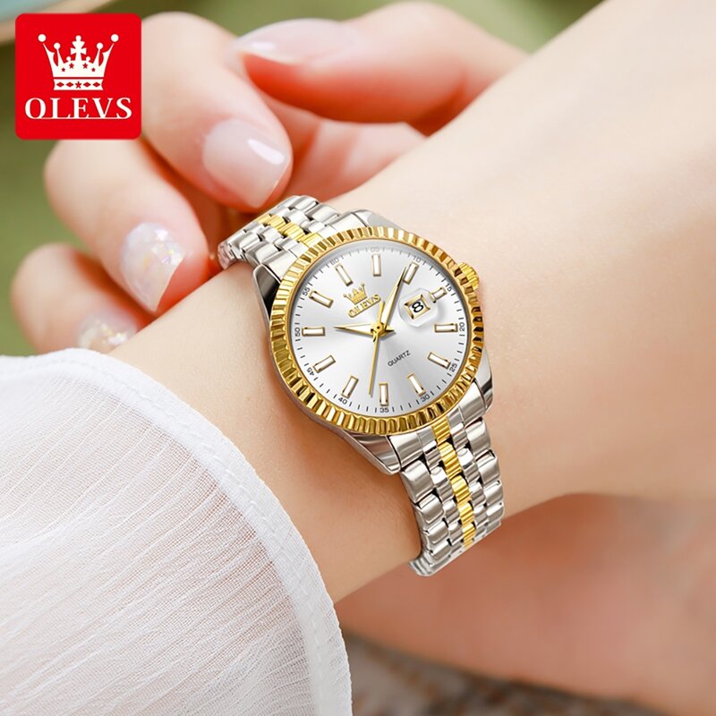 Olevs 5593 Vrouw Horloge Rvs Waterdicht Auto Date Elegant Dames Polshorloge Luxe Originele Quartz Horloge Voor Vrouwen Nieuw