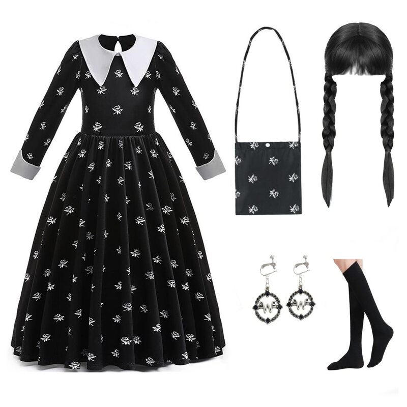 Wednesday Addams Cosplay For Girl Costume New Vestidos For Kids Party Dresses Carnival Easter Halloween Costumes 5-14 Years Old