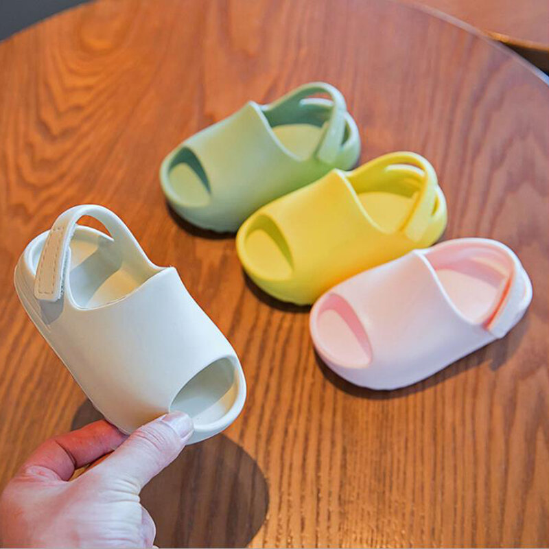 Детские Нескользящие сандалии унисекс, однотонная обувь для прогулок, летние светло-розовые/бежевые/зеленые/желтые/фиолетовые