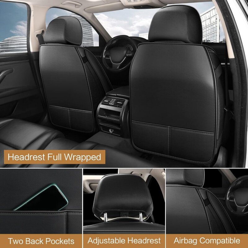 Leather car seat covers full set, waterproof faux for, non-slip interior universal fit m