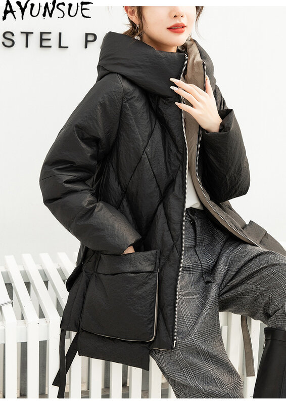 AYUNSUE 90% 여성용 화이트 덕 다운 재킷, 2023 진짜 양가죽 코트, 중간 길이 후드 파카, 한국 스타일 가죽 재킷