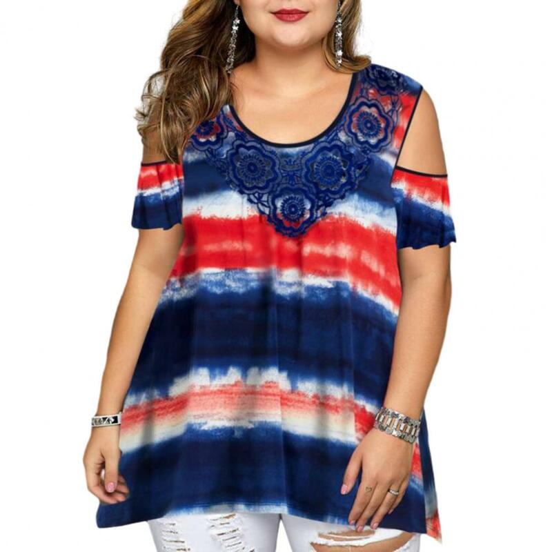 Plus Size Cold Shoulder Women Blouse Short Sleeve Lace Flower Stitching Striped Tie-dye Print Loose Pullover Top Shirts Blouse