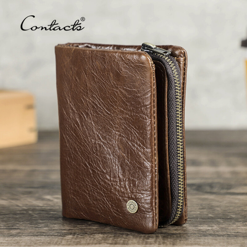 CONTATC'S-Portefeuille court en cuir véritable pour homme, portefeuille à deux volets RFID, porte-cartes de crédit, fermeture éclair de luxe, petit porte-monnaie masculin, nouveau