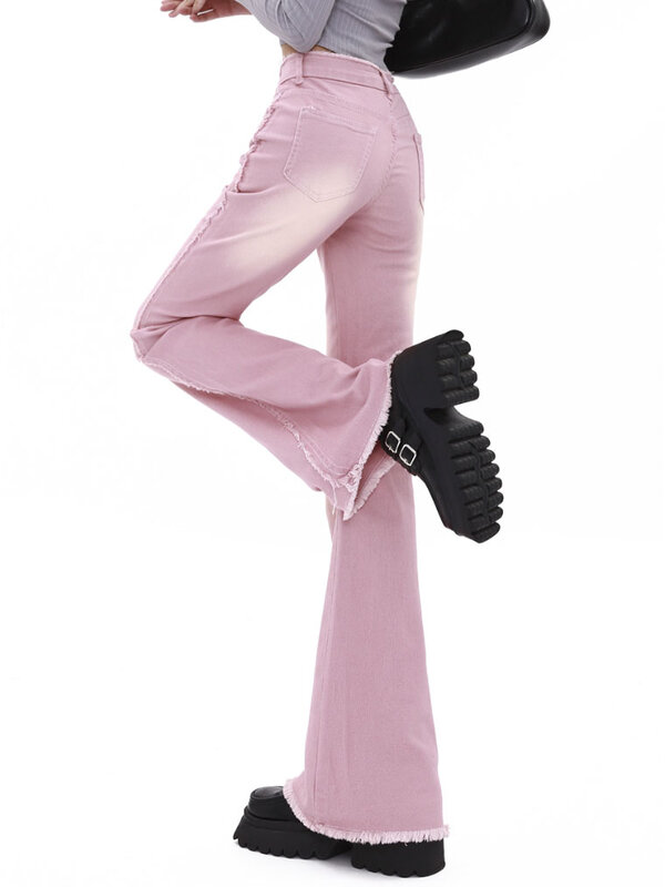 Celana jins wanita, celana jins Y2k 90s ramping Pink untuk wanita Vintage pinggang tinggi jalan panjang penuh