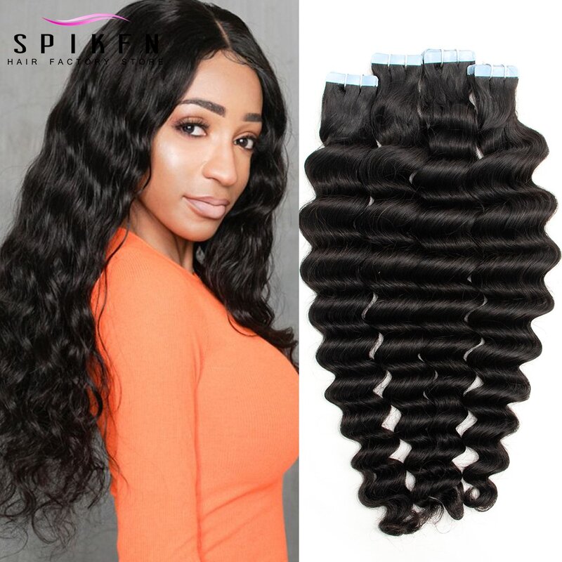 Deep Wave Tape In Hair Extensions Human Hair Brazilian Natural Black 100% Real Remy Hair Skin Weft Adhesive Glue Hair For Women
