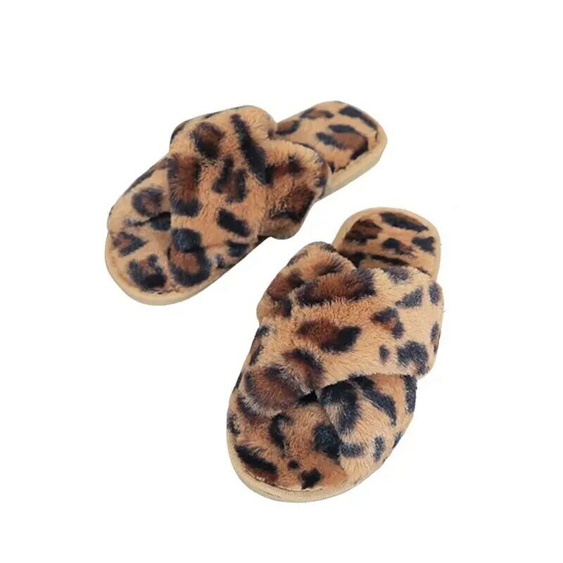 Sandal selempang wanita, jari terbuka motif macan tutul berbulu hangat rumah kamar tidur untuk dalam dan luar ruangan
