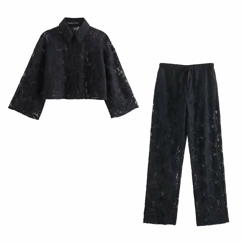 Pyjama Noir en Dentelle pour Femme, Ensemble 2 Pièces, Chemise à Manches sulf, Chemisier, Pantalon Droit, Vêtements de Nuit Chic