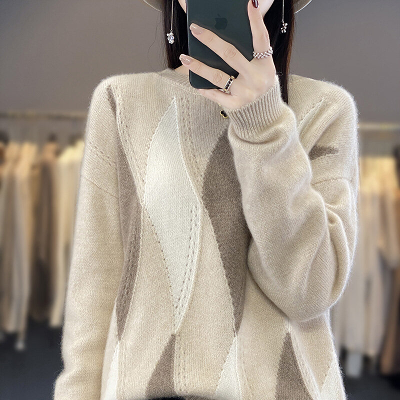 Sweater wol wanita leher bulat, jaket warna kontras lembut longgar Mode Korea, Pullover leher bulat 100% musim gugur/musim dingin baru