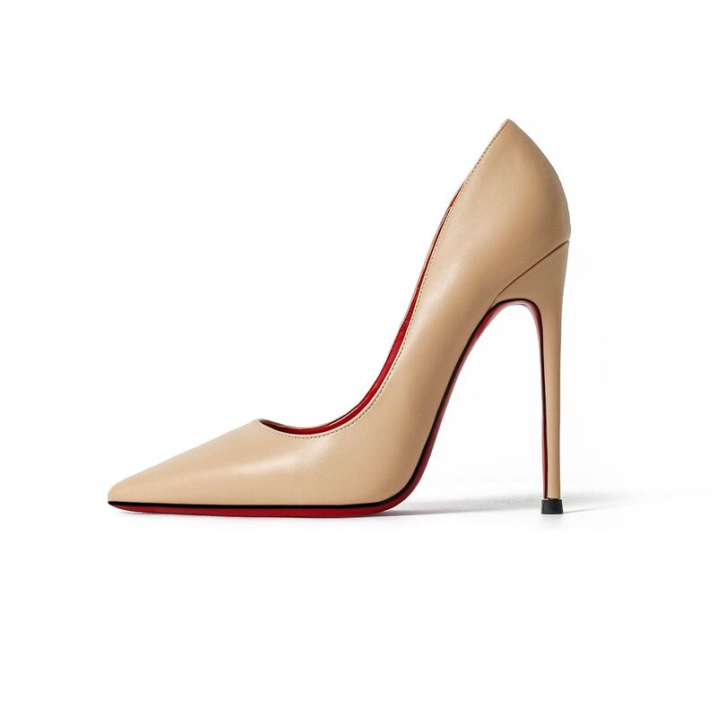 Zapatos de cuero genuino para mujer, tacones de aguja puntiagudos, fondo rojo, tacones altos de diseñador, zapatos de fiesta con caja
