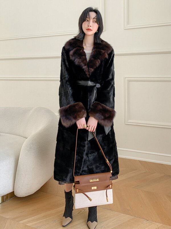 110CM Luxury Wholeskin Female Mink Fur Coat Autumn Winter Women Warm Outerwear Overcoat LF2308JY