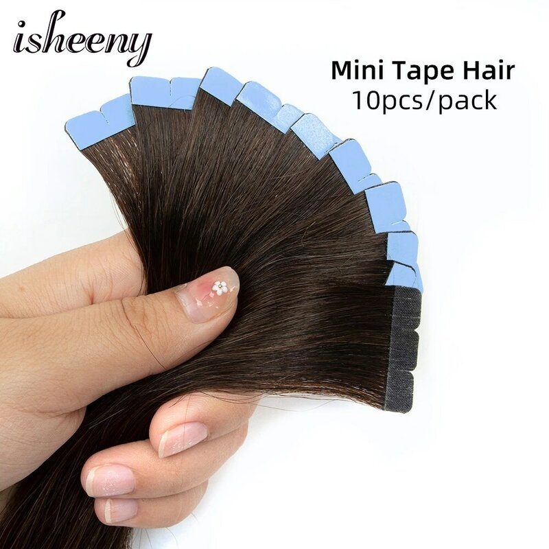 Isheeny-Extensions de Cheveux Humains, Mini Ruban Adhésif, Noir Naturel, Marron, Blond, Trame de Peau, Remy, Machine, 12 "-24"