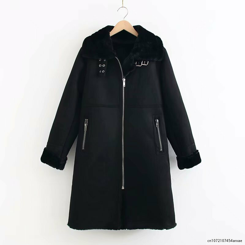 Winter Long Sheepskin Coat Womens Solid Casual Zipper Warm Faux Leather Jackets Ladies Casual Fur Collar Jakcets Black Khaki