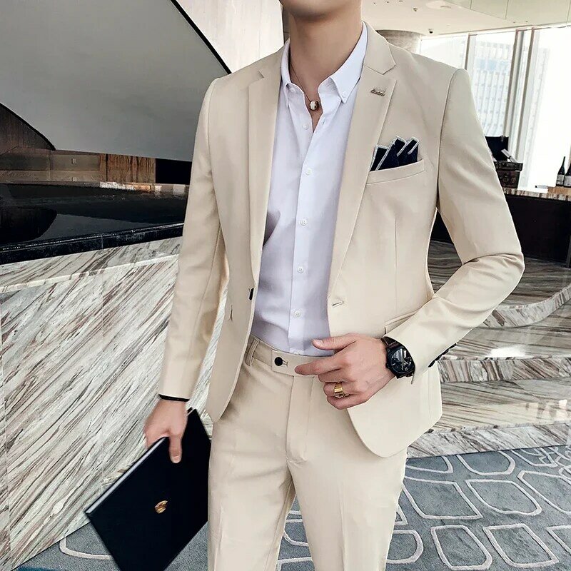 Chaqueta y pantalones de S-7XL para hombre, traje informal ajustado de negocios, de marca lujosa de alta gama, Color sólido, traje de dos piezas para novio y boda