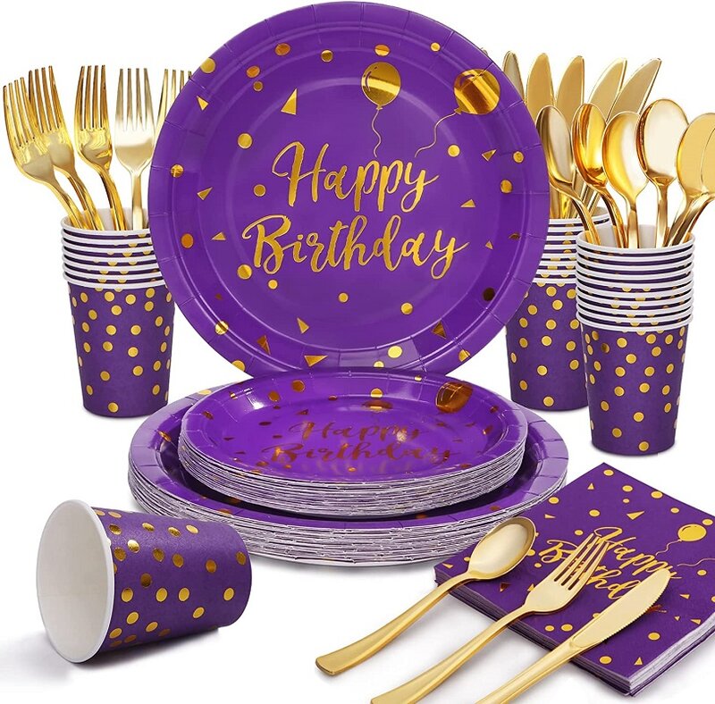 Platos y servilletas de cumpleaños de oro púrpura para mujer, suministros de fiesta de boda y cumpleaños de princesa púrpura