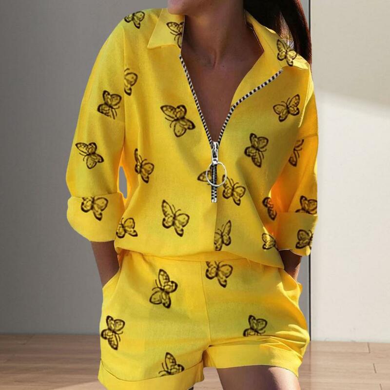 여성용 세련된 프린트 셔츠 반바지 세트, 지퍼 라펠, 하이웨이스트 디자인, 편안한 의상, 2 피스
