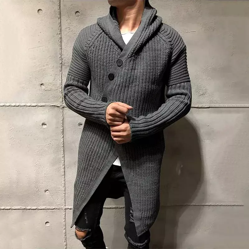 2023 Autumn and Winter European and American Fashion Sweater Cardigan Solid Color Hooded Long Knitted Jacket