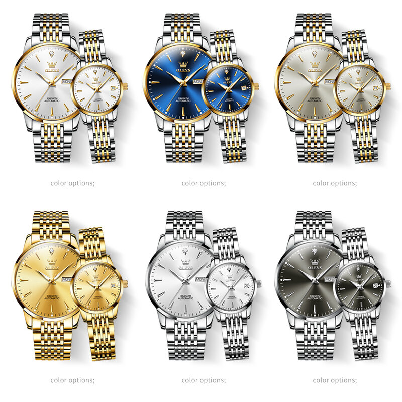 OELVS 브랜드 럭셔리 골드 기계식 시계, 남성 및 여성용, 스테인레스 스틸, 커플 시계, 패션 스틸, 방수, 주간 날짜 시계