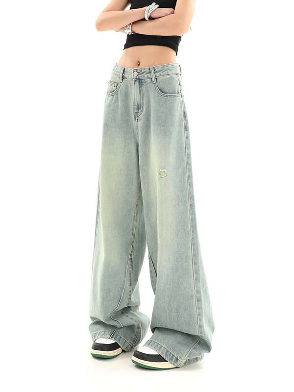 Women Retro Wash Straight High Waist Jeans Baggy Ripped Design Denim Pants Female Harajuku Style Streetwear Chic Trousers