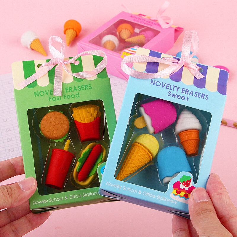 Coreano Engraçado Bolo Eraser Set para Crianças, Borracha Material Escolar, Papelaria Acessórios, Novo