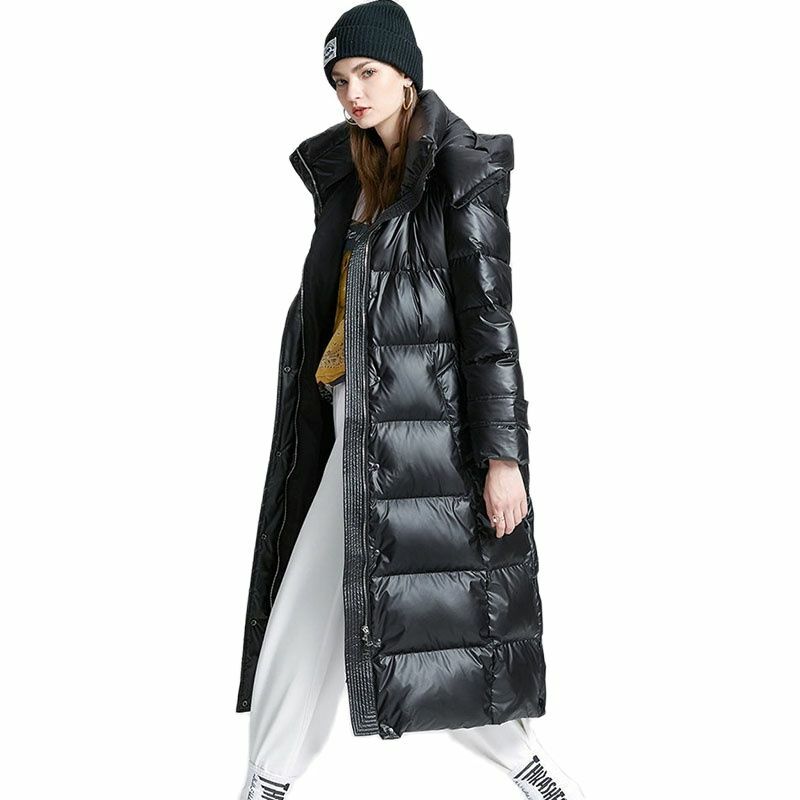 Ln die neuen Daunen Frauen Winter lange koreanische Mode Frauen Kapuze über dem Knie weiße Ente Daunen losen Mantel Hipster Mädchen