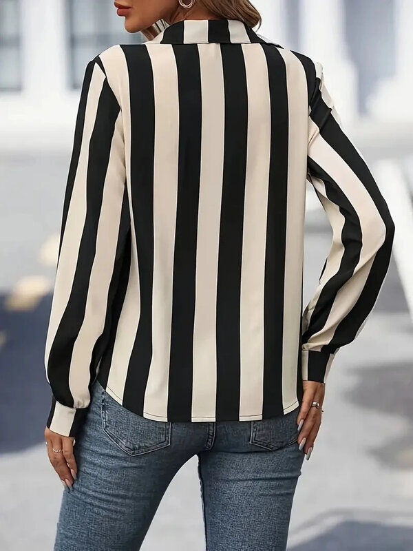 Fashionable Women's European and American Elegant Striped Printed Shirt 2024 Spring and Summer Plus Size Women's Long Sleeve Top