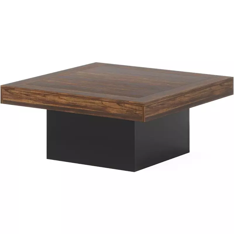 Kwadratowy stolik kawowy LED, drewniany niski stolik kawowy, środkowy stół do salonu, rustykalny brązowy i czarny, darmowa wysyłka