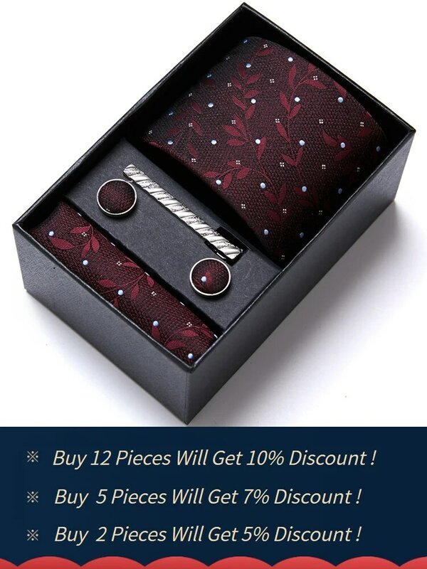 Brand Silk Cravat Men Wedding Gift Tie Pocket Squares Set Necktie Clip Box Black Men Suit Accessories Fit Holiday Festive