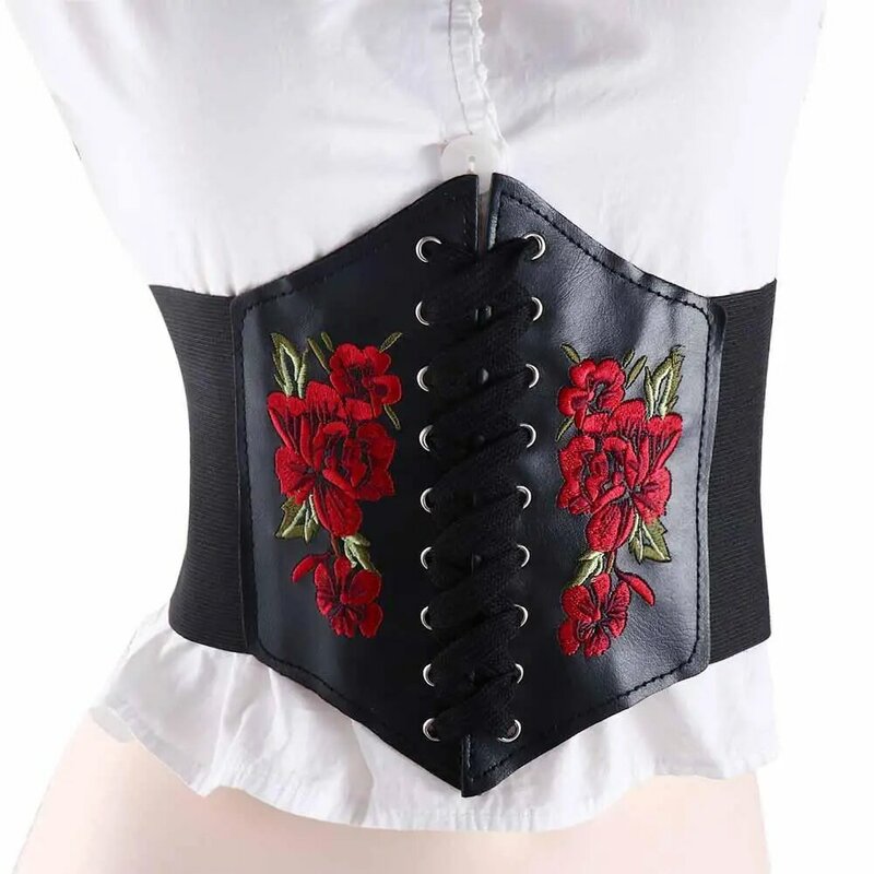 Goth Punk Slimming Embroidery PU Leather Rose Pattern Women Belt Female Dress Cummerbunds Waistband Waist Corset