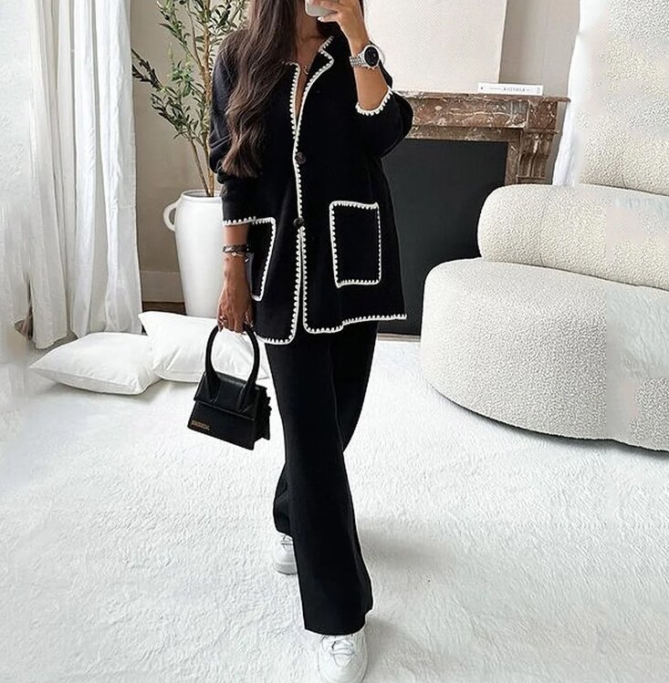 Two Piece Set Women Outfit Autumn Fashion Solid Pocket Design Loose Round Neck Long Sleeve Top & Casual High Waist Pants Set