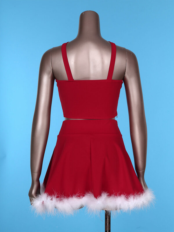 Roupa de Natal de peles artificiais feminina, 2 peças, zíper invisível lateral, alças largas, top recortado com saia linha A de cintura alta