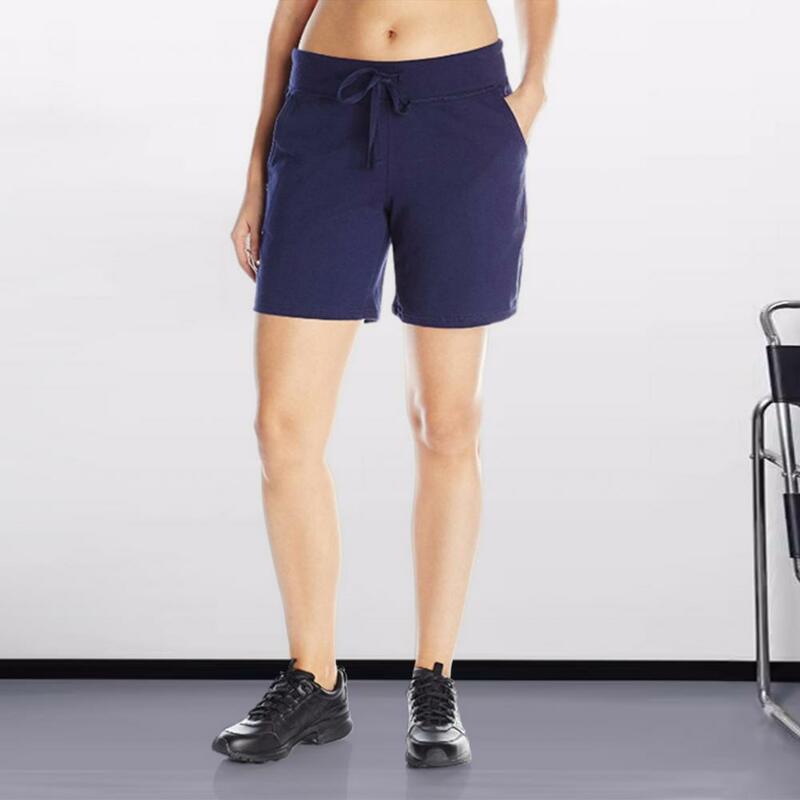 Calções de bolso elegantes para verão feminino, bolsos laterais com cordão, slim fit para ioga, jogging, ginásio