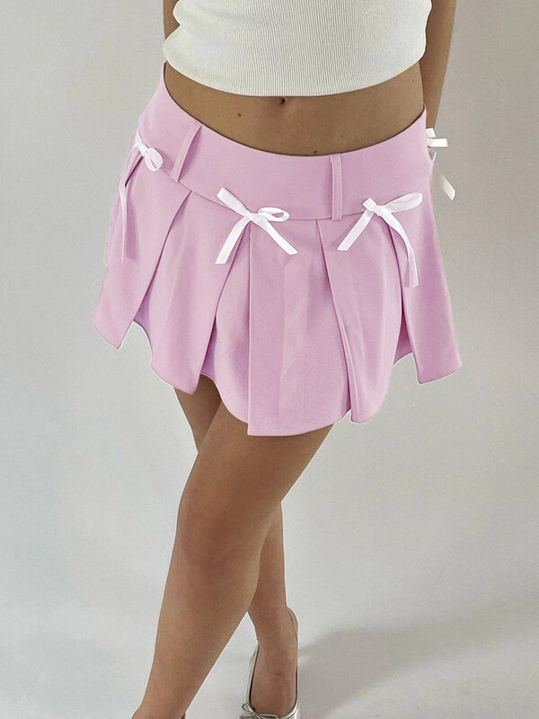 Damska spódniczka spódnice plisowane Mini Y2K z wysokim stanem a-line w stylu Casual, letnia urocza kokardka sportowa krótka spódniczka do tenisa