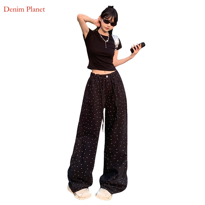 Denim Planet Polka Dot Jeans con coulisse per le gambe per le donne estate nuova gamba dritta pantaloni larghi a vita alta versatili per mocio da pavimento