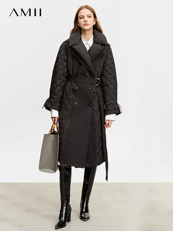 Amii-jaqueta minimalista para as mulheres, casaco longo e quente simples, colarinho trespassado, destacável, inverno, 12324016, 2023