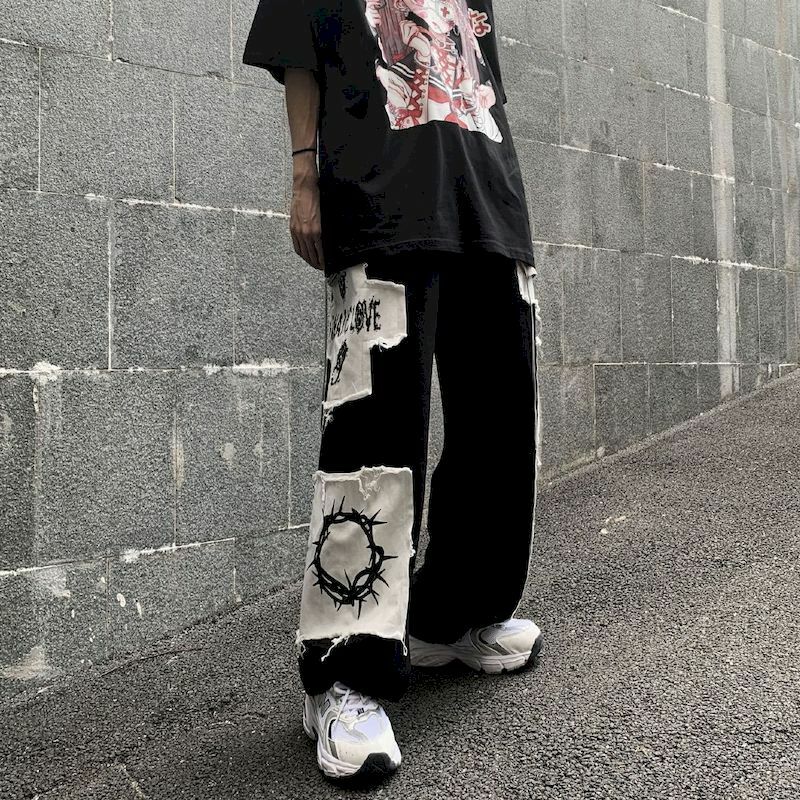 Duży rozmiar kombinezony dla mężczyzn wiosna i styl jesienny kreskówka kolaż mody spodnie typu Casual Harajuku Y2k spodnie uliczne dla mężczyzn