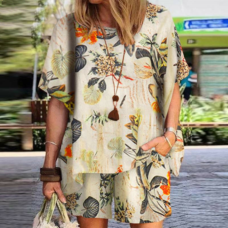 Summer Two Piece Suit Casual Women Shorts Set Streetwear Short Sleeve Shirt Tops Loose Linen Vintage Tracksuit Conjuntos Falda