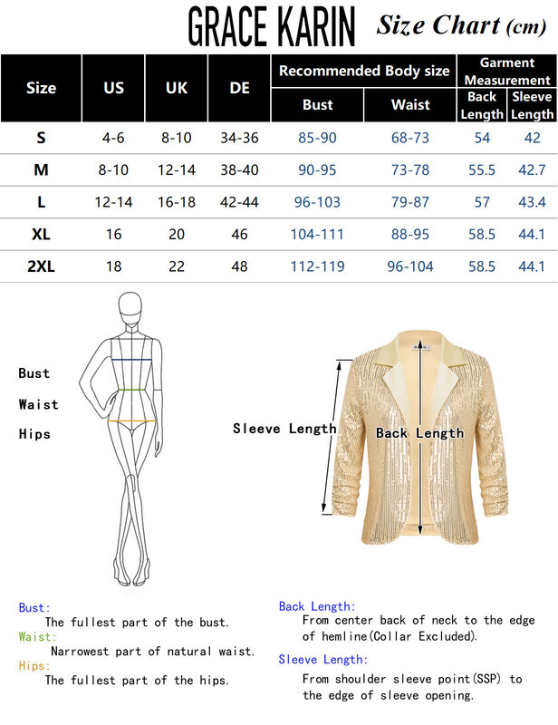 GK Women Sequined Party Blazer Jacket 3/4 Sleeve Lapel Collar Open Front Coat  Casual Work Croppped Cardigan