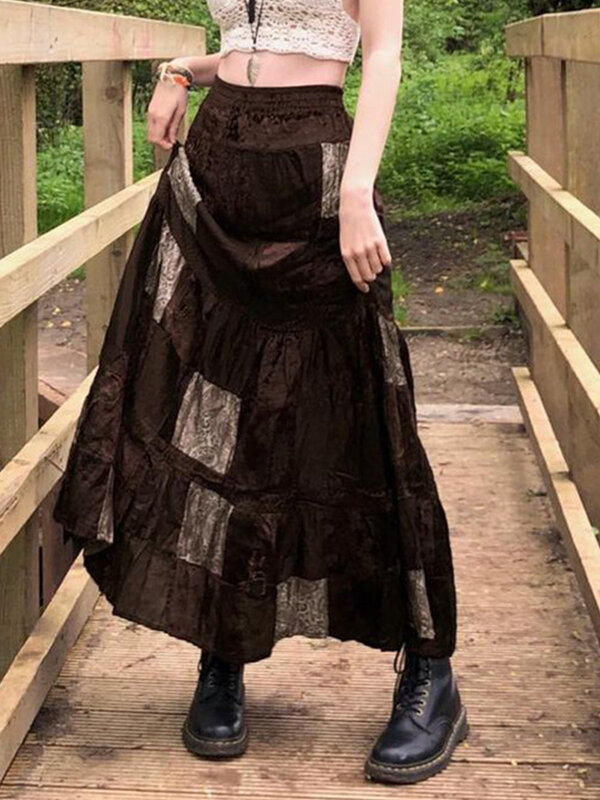 Śliczne długie spódnice z nadrukiem Boho Grunge Fairycore Retro spódnice Kawaii świąteczne brązowe plisowana spódnica kobiet eleganckie