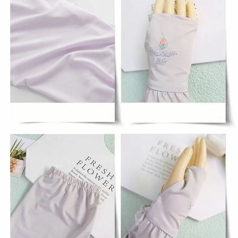 Sarung tangan panjang tipis musim panas wanita, sarung tangan sutra es pelindung UV lengan dingin bersepeda luar ruangan longgar bernapas