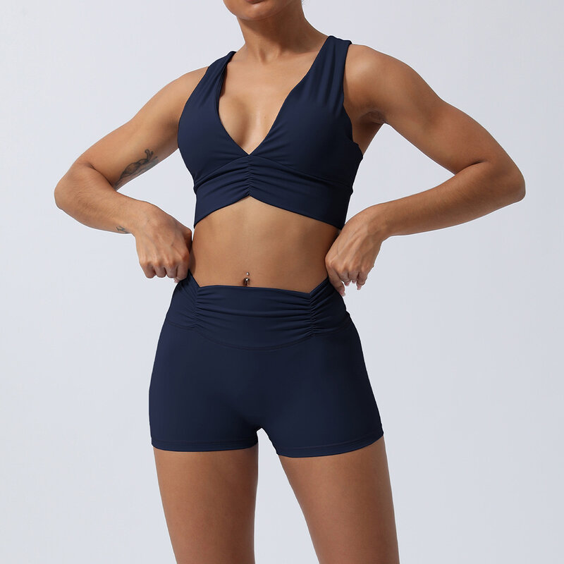 New yoga shock-absorbing and beautiful back sports bra with pleated lifting buttocks and three piece pants for fitness