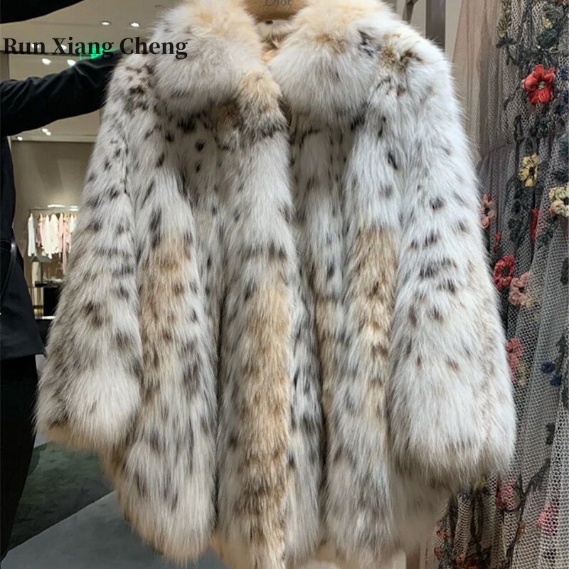 Abrigo de piel sintética de zorro para mujer, abrigo de longitud media con patrón de leopardo Bobcat, moda joven, otoño e invierno, 2022